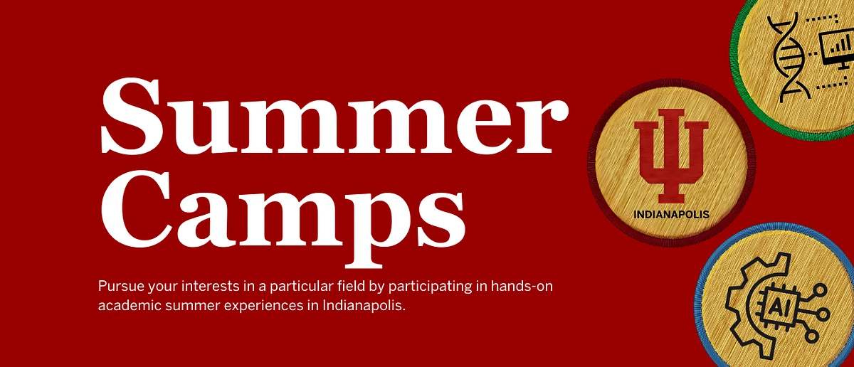 The image advertises academic summer camps in Indianapolis, encouraging participation in hands-on experiences.